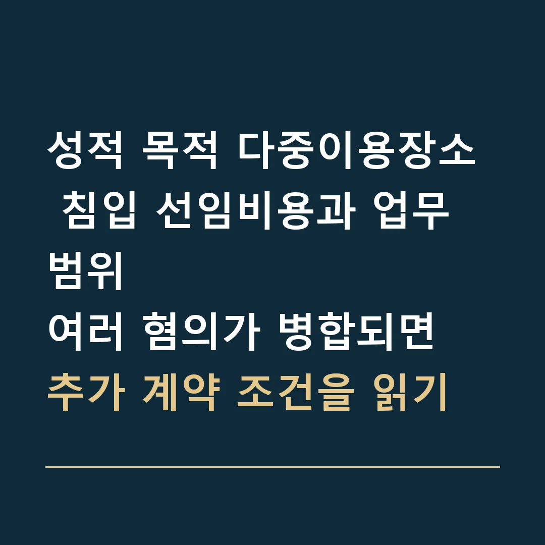 성적 목적 다중이용장소 침입 선임비용과 업무 범위 · 여러 혐의가 병합되면 추가 계약 조건을 읽기