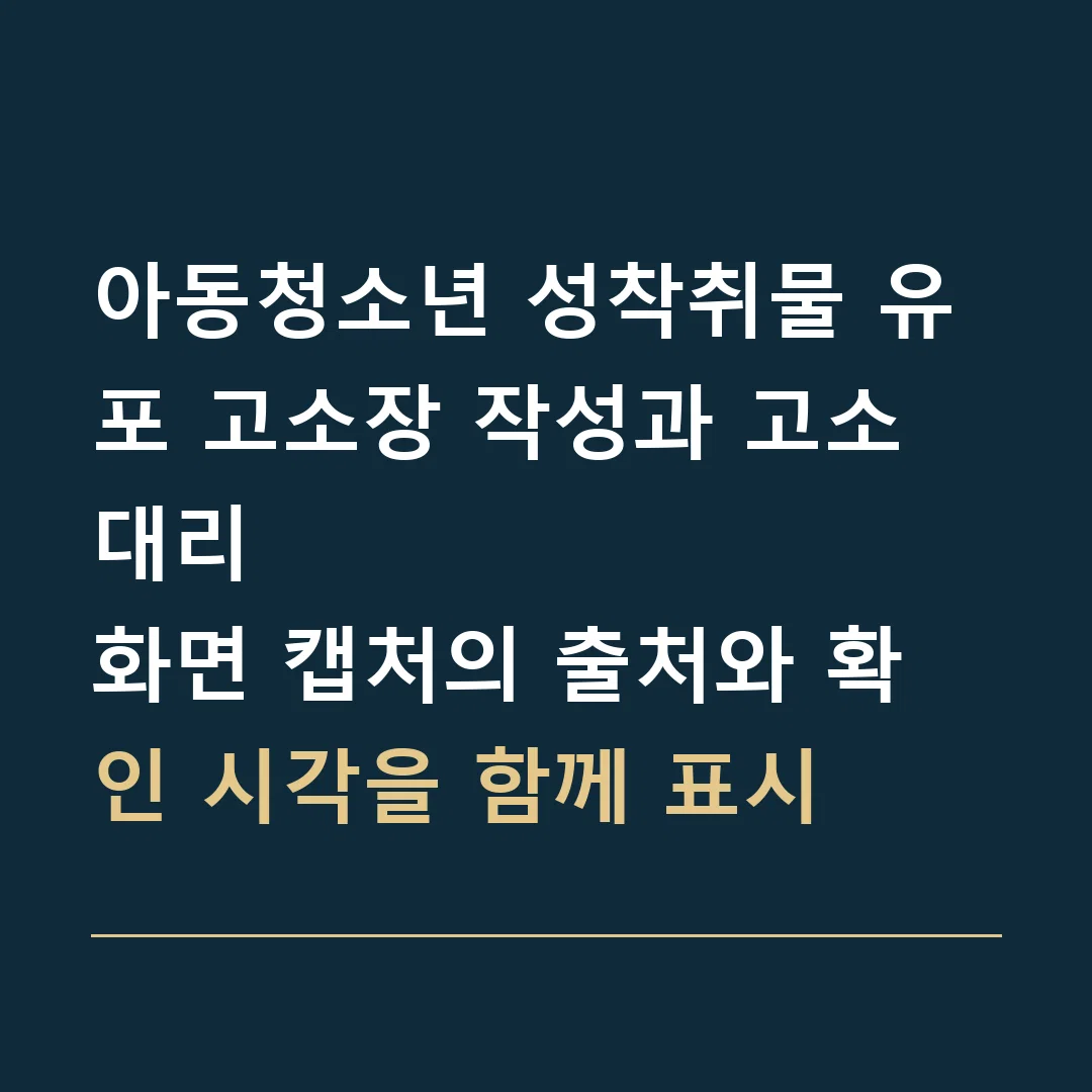 아동청소년 성착취물 유포 고소장 작성과 고소대리 · 화면 캡처의 출처와 확인 시각을 함께 표시