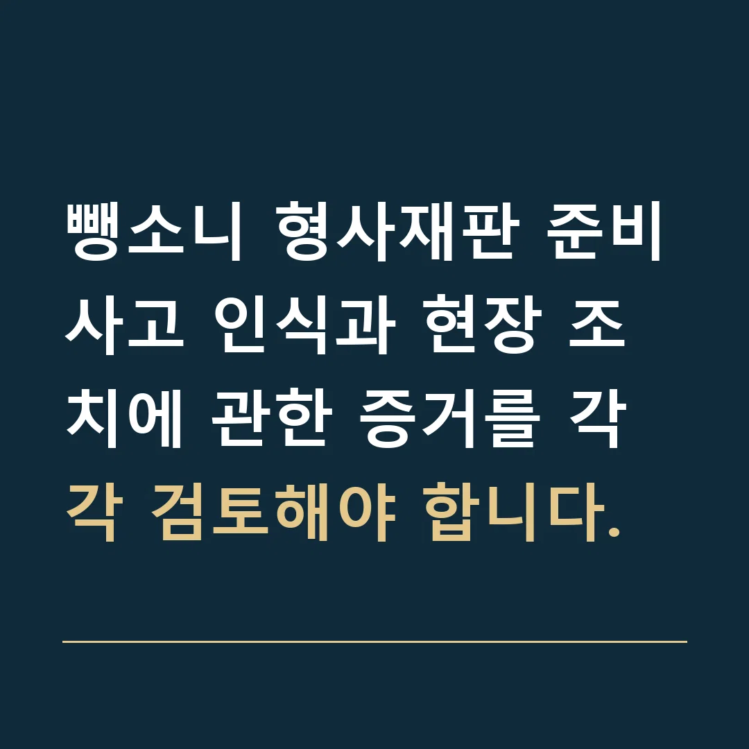 뺑소니 형사재판 준비 · 사고 인식과 현장 조치에 관한 증거를 각각 검토해야 합니다.
