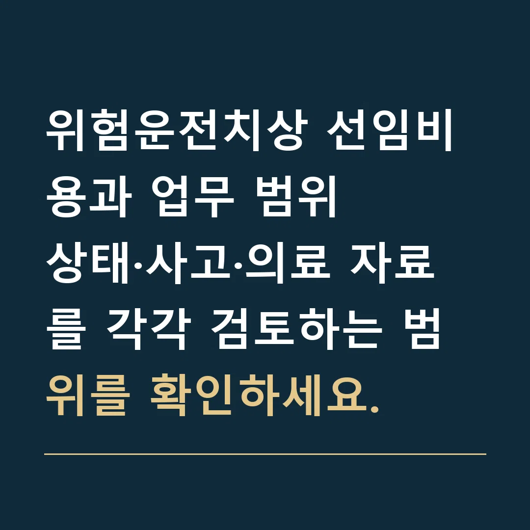위험운전치상 선임비용과 업무 범위 · 상태·사고·의료 자료를 각각 검토하는 범위를 확인하세요.