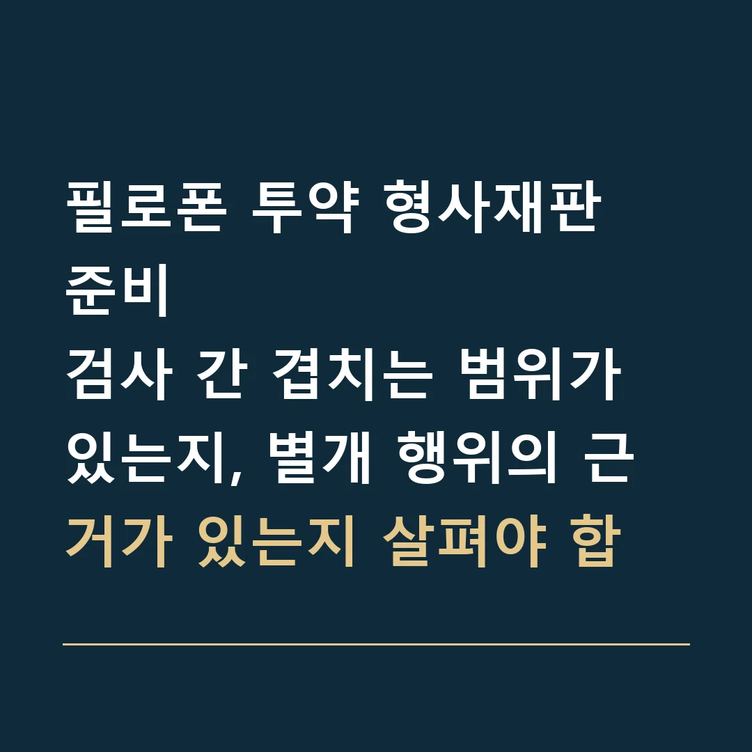 필로폰 투약 형사재판 준비 · 검사 간 겹치는 범위가 있는지, 별개 행위의 근거가 있는지 살펴야 합