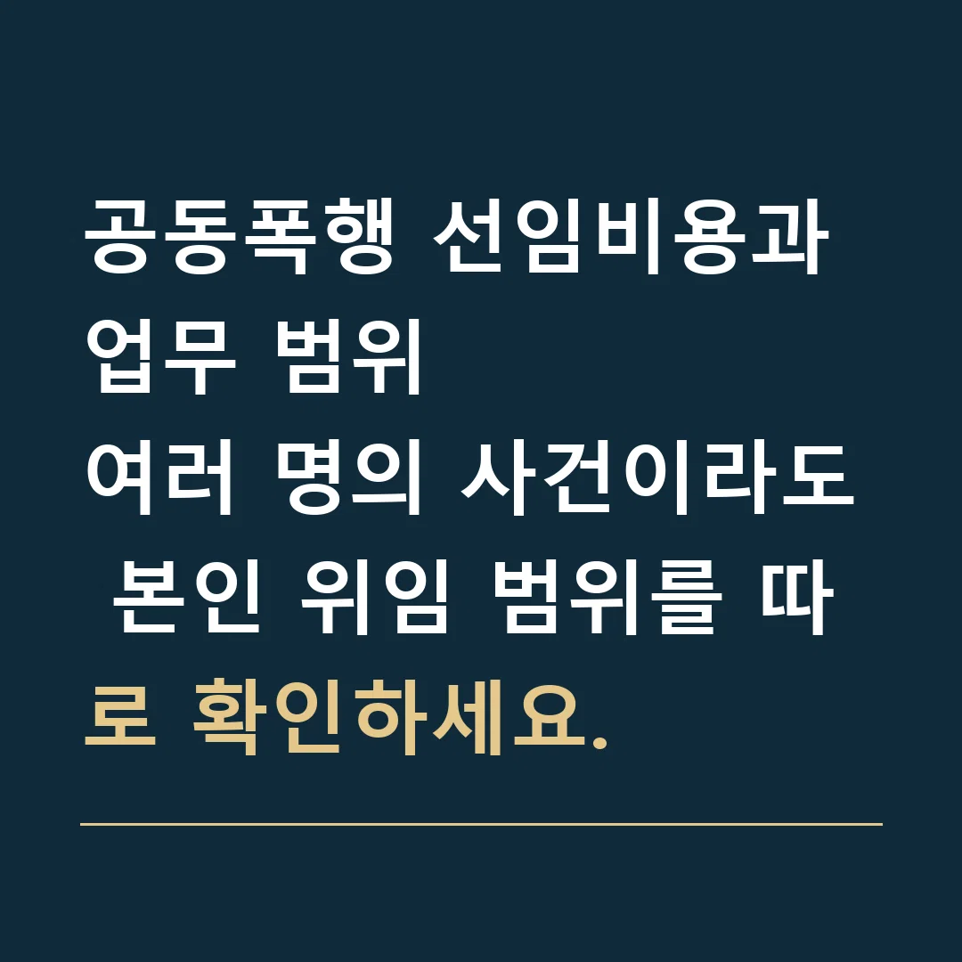 공동폭행 선임비용과 업무 범위 · 여러 명의 사건이라도 본인 위임 범위를 따로 확인하세요.