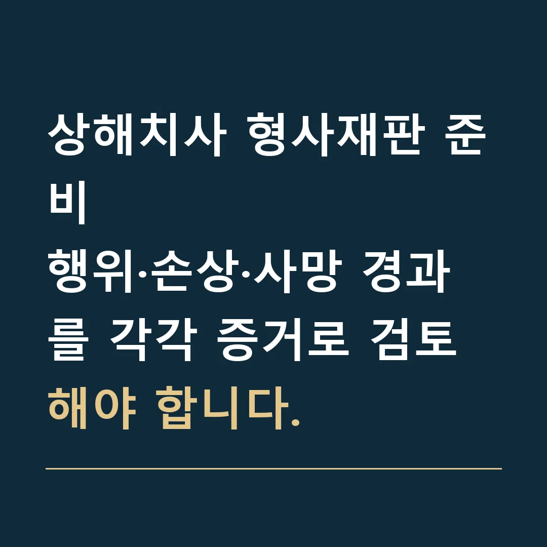 상해치사 형사재판 준비 · 행위·손상·사망 경과를 각각 증거로 검토해야 합니다.