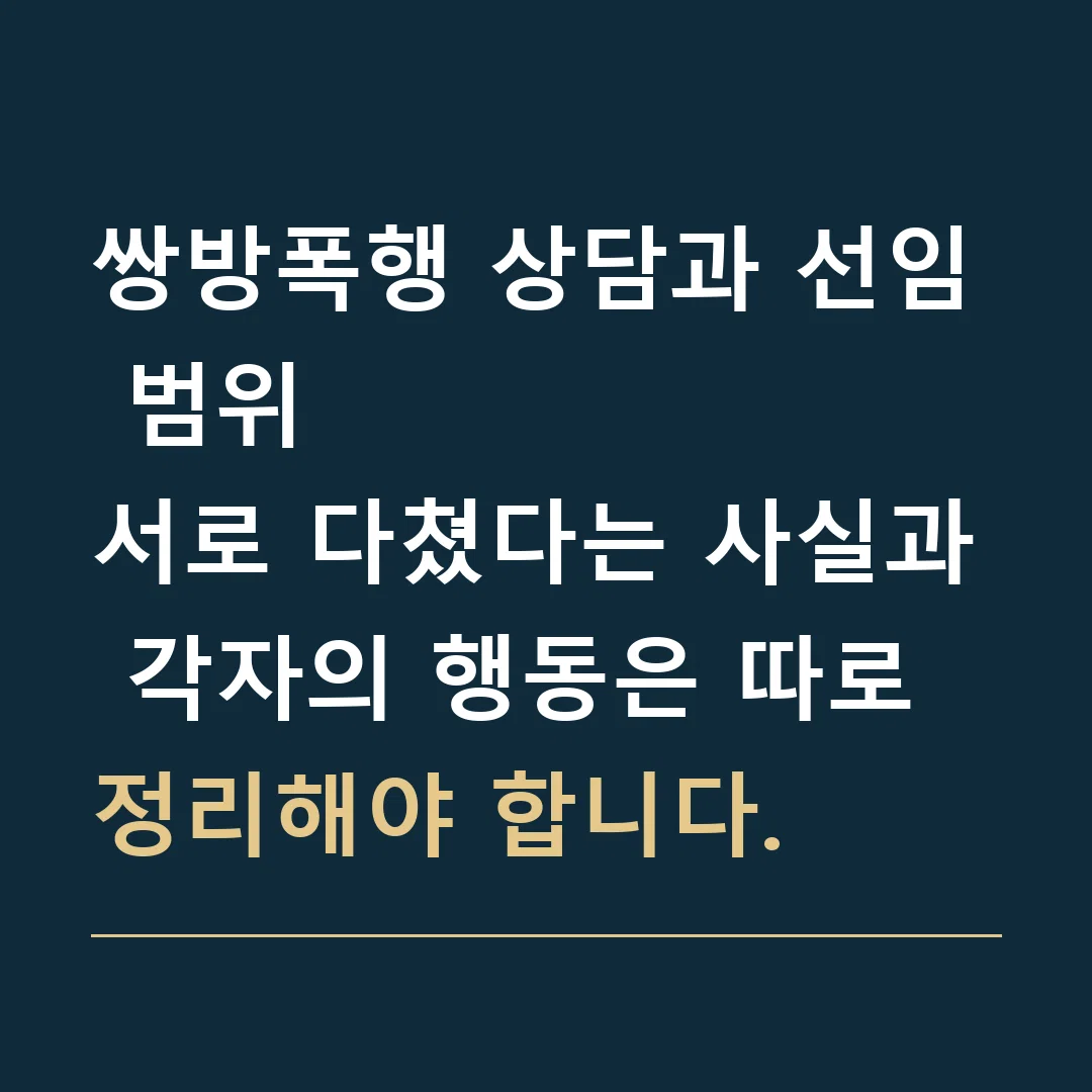 쌍방폭행 상담과 선임 범위 · 서로 다쳤다는 사실과 각자의 행동은 따로 정리해야 합니다.