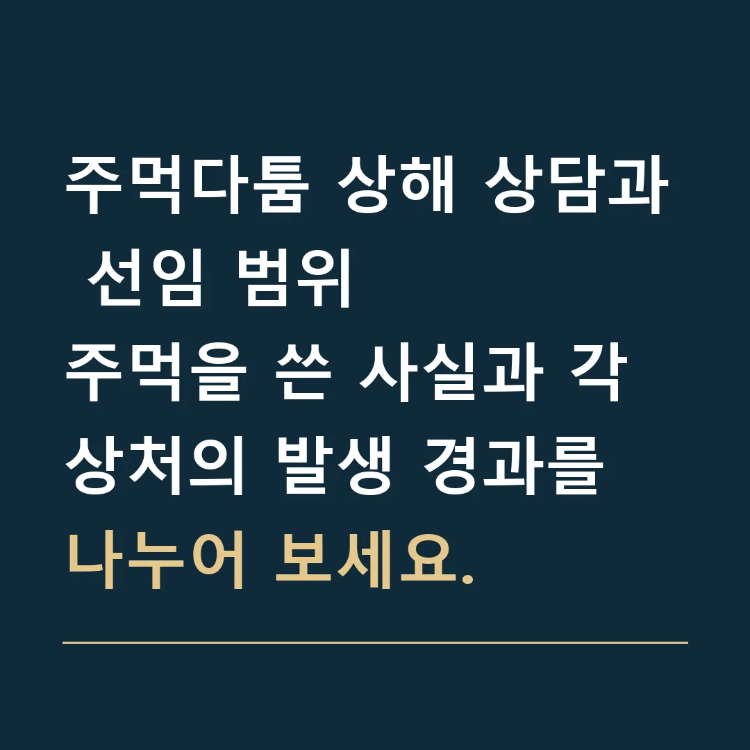 주먹다툼 상해 상담과 선임 범위 · 주먹을 쓴 사실과 각 상처의 발생 경과를 나누어 보세요.