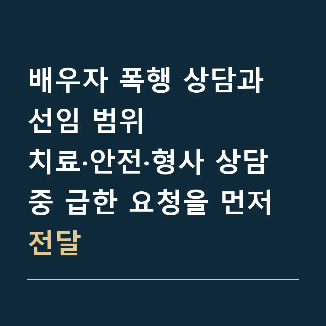 배우자 폭행 상담과 선임 범위 · 치료·안전·형사 상담 중 급한 요청을 먼저 전달