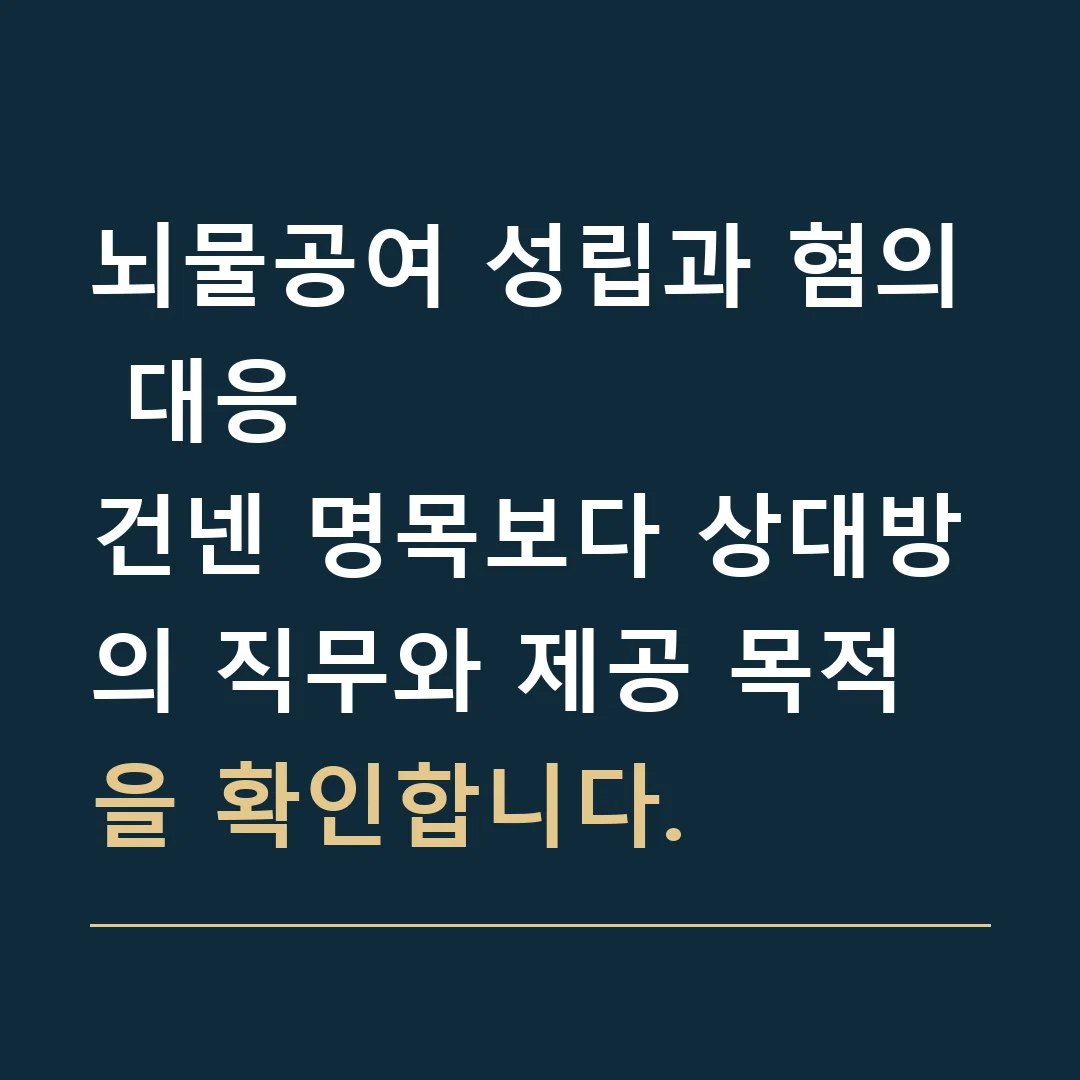 뇌물공여 성립과 혐의 대응 · 건넨 명목보다 상대방의 직무와 제공 목적을 확인합니다.
